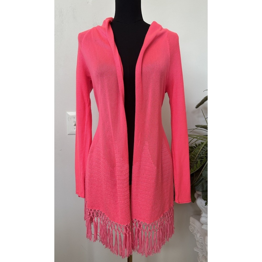 Lilly Pulitzer Tatum Open Front Fringe Beach Cardigan Sweater Pink Coral Sz S